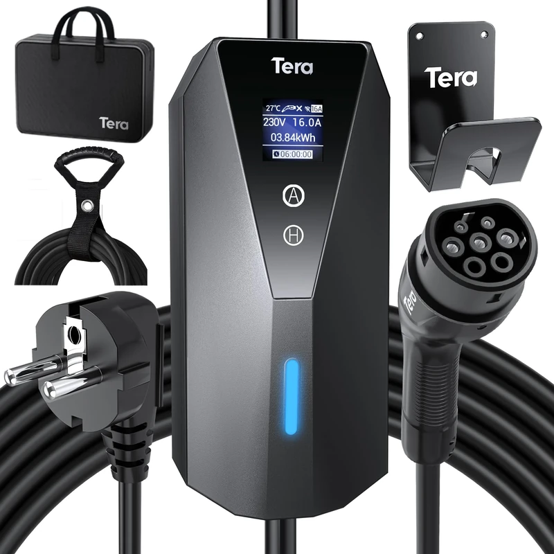 Tera 7 m Type 2 EV Charger - 3 kW 16 A Schuko - IP66 Waterproof - Clear LCD Display - Cable Holder - German Manual