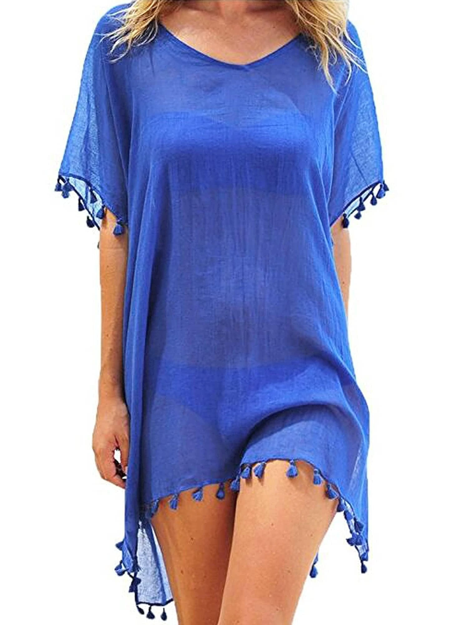 Qianderer Women Cover Ups Beachwear Crochet Hollow Out Beach Dress Summer Bikini Swimsuit Cover Up Bathing Suit (Blue, One Size)