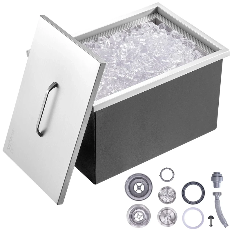 VEVOR Drop in Ice Chest, 22"L x 17"W x 12"H Stainless Steel Ice Cooler, Commercial Ice Bin with Cover, 40 qt Outdoor Kitchen Ice Bar, Drain-pipe and Drain Plug Included, for Cold Wine Beer