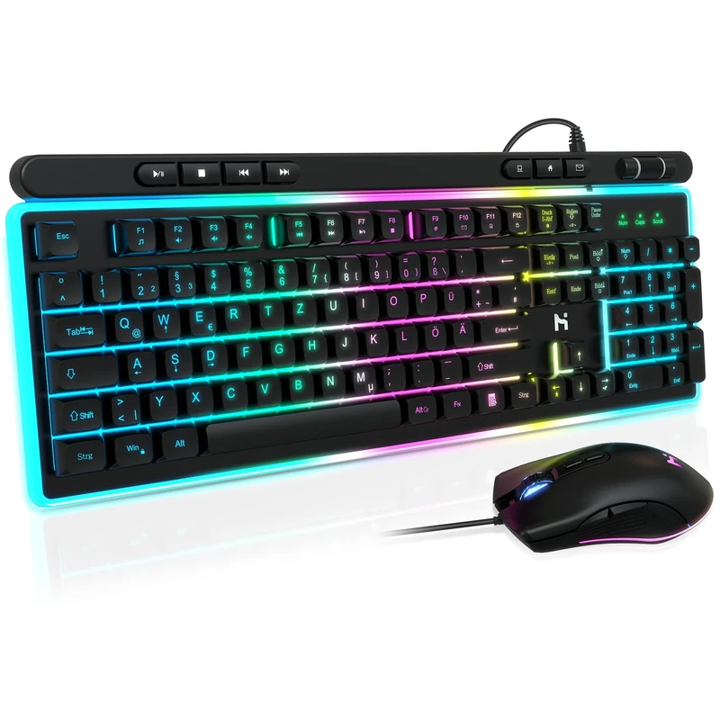 HLONONE Gaming Keyboard and Mouse Set, DE Layout, Wired LED Backlight Bundle, 104 Keys Light Up Keyboard & 7200 DPI Mouse, USB Connection, for Windows, PC,PS4, PS5, Black