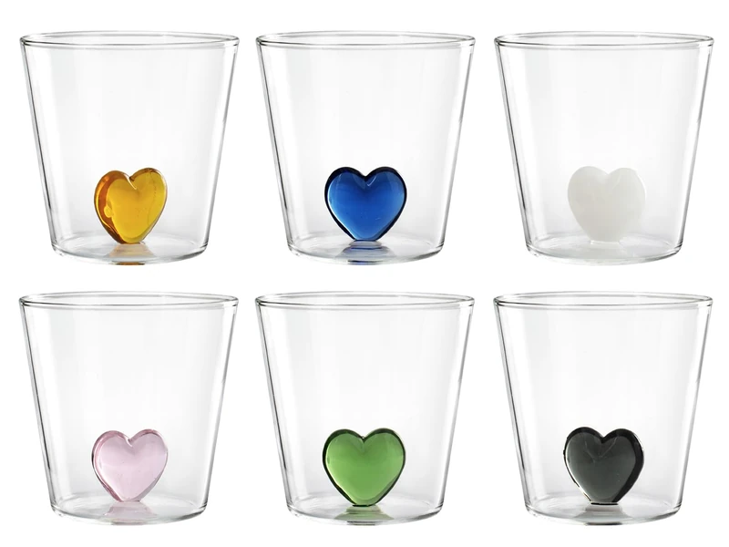 H&H Set of 6 Borosilicate Glass Glasses, Transparent, Inner Heart in Glass, 300cc