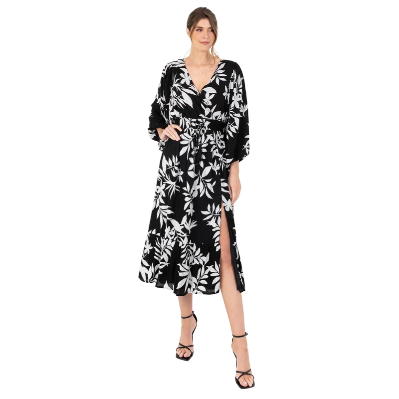 Lovedrobe Women's Women's Midi Dress Ladies V-Neck Long Balloon Sleeve Faux-wrap Thigh Split Shirred Waist Tassel Belt A-line Smart Casual Suits, Monochrome,