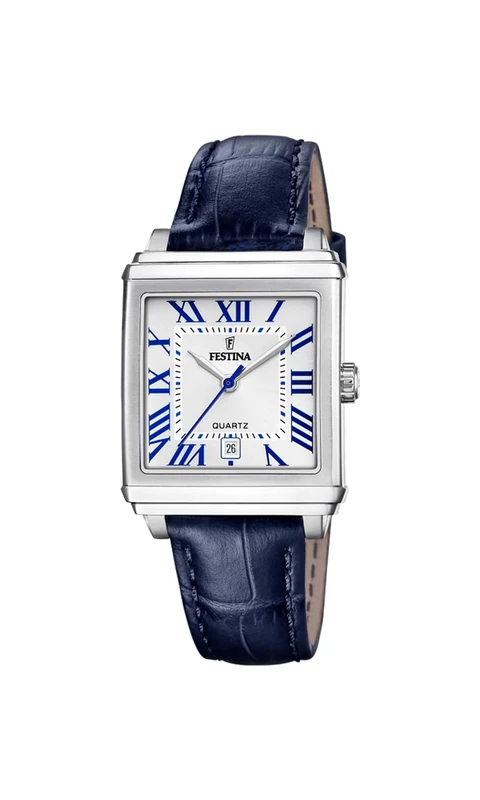 Festina Women's Watch F20682/2 on The Square Stainless Steel Case Grey Leather Strap Blue, Silver, Strap