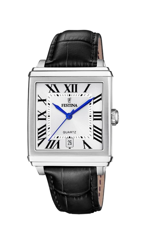 Festina Men's Watch F20681/1 on The Square Stainless Steel Case Grey Leather Strap Black, Silver, Leather
