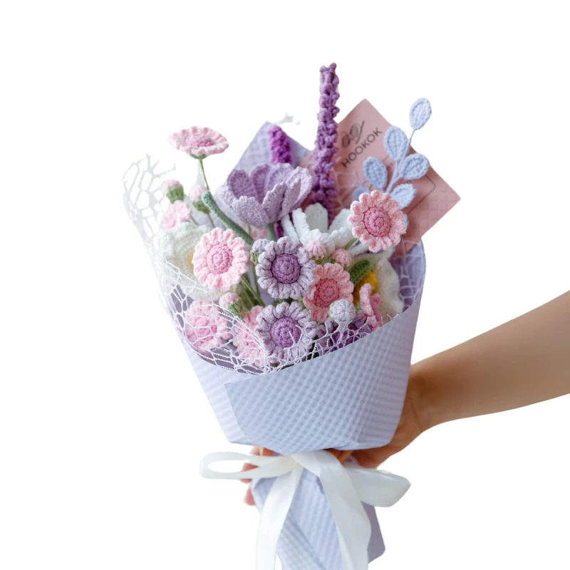 HOOKOK Crochet Flower Bouquet -Knitted Flower Bouquet Daisy, Lily, and Lavender. Gift for her,Valentines Day Mother's Day Birthday Wedding Home Decor, Valentines Gifts, DS2024006