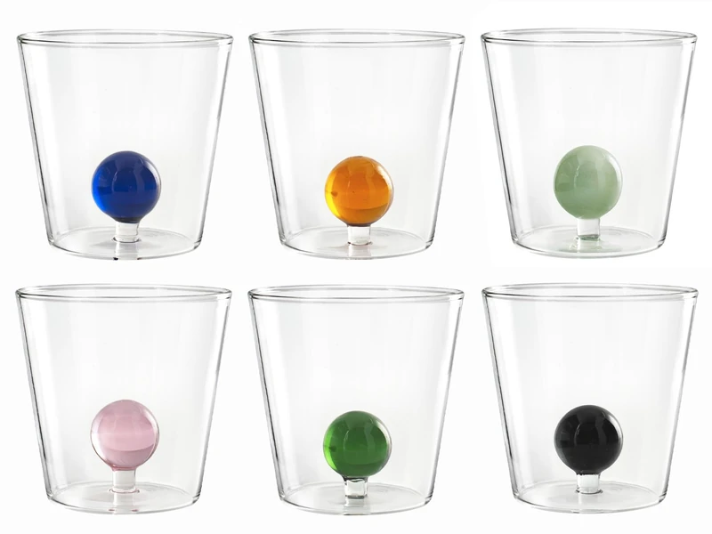 H&H Set of 6 Borosilicate Glass Glasses, Transparent, Inner Glass Ball, 300cc