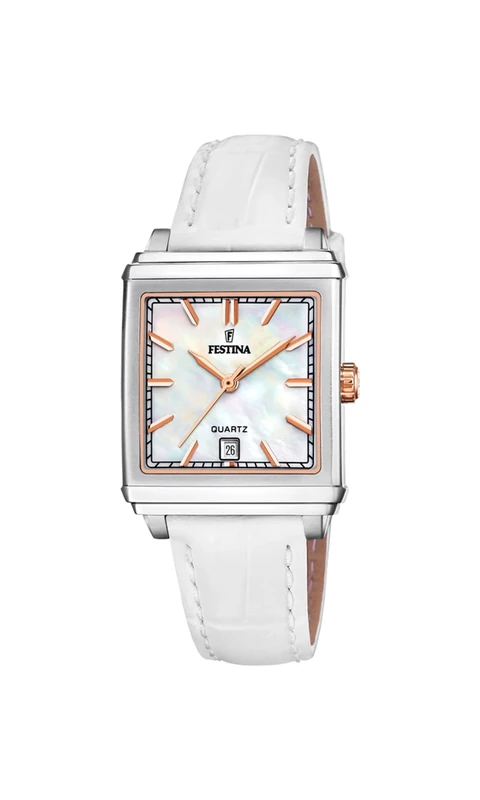 Festina Women's Watch F20682/1 on The Square Stainless Steel Case Grey Leather Strap White, Silver, Strap