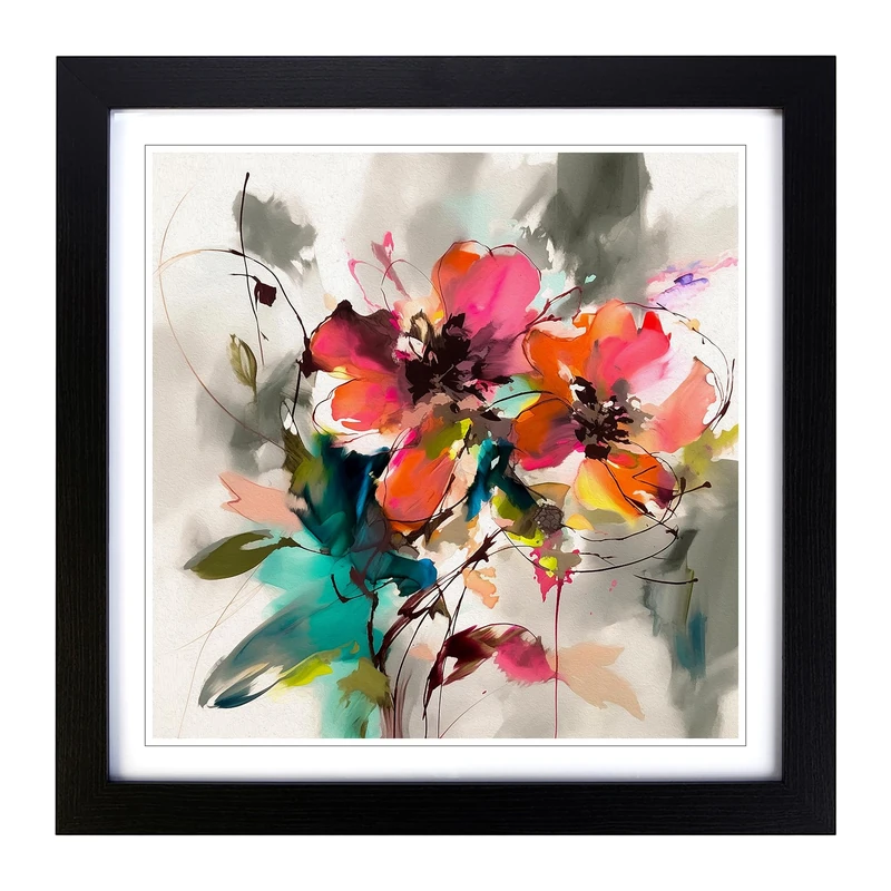 Floral Gestural Art Framed Print | 18x18 Inch Black Framed Wall Art | Ready to Hang | Eclectic Floral Picture | Living Room Bedroom Lounge Office