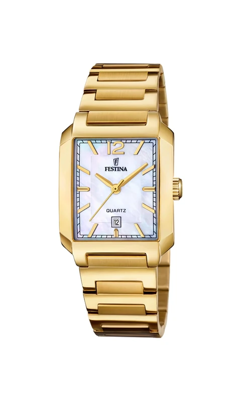 Festina Women's Watch F20680/2 on The Square Stainless Steel Case Gold Stainless Steel Bracelet, Mother of Pearl, Bracelet