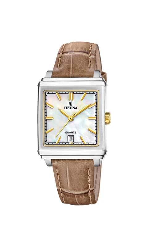 Festina Women's Watch F20682/4 on The Square Stainless Steel Case Grey Leather Strap Brown, Silver, Strap