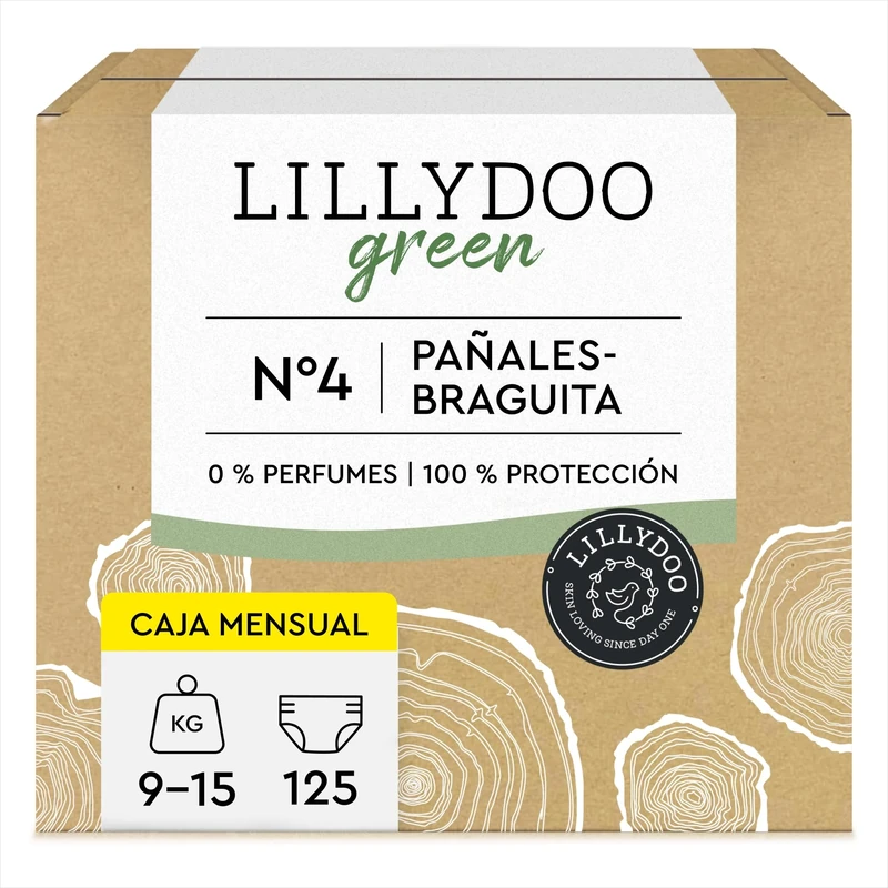 LILLYDOO Green Environmentally Friendly Trousers, Size 4 (9-15 kg), Monthly Box (125 Pieces) (FSC Mix)