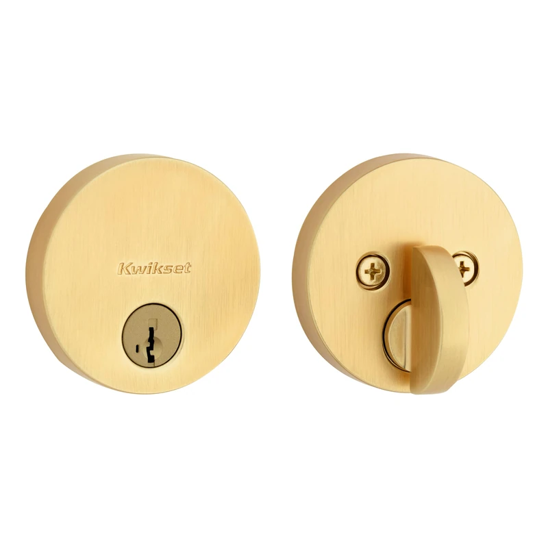 Kwikset 258 Uptown Deadbolt Lock, Satin Brass Round Exterior Keyed Front Entry Door, Pick Resistant SmartKey Rekey Security, Single Cylinder Dead Bolt, with Microban Protection