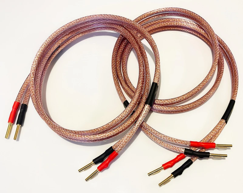 A1 Sound Van Damme Hi-Fi Series Directional LC-OFC 6 mm Sq speaker cable pair, two cables terminated with gold plated 4mm banana plugs on all ends 8 plugs in total (1.5 metre pair)