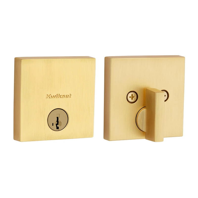 Kwikset 258 Downtown Deadbolt Lock, Satin Brass Square Exterior Keyed Front Entry Door, Pick Resistant SmartKey Rekey Security, Single Cylinder Dead Bolt, with Microban Protection