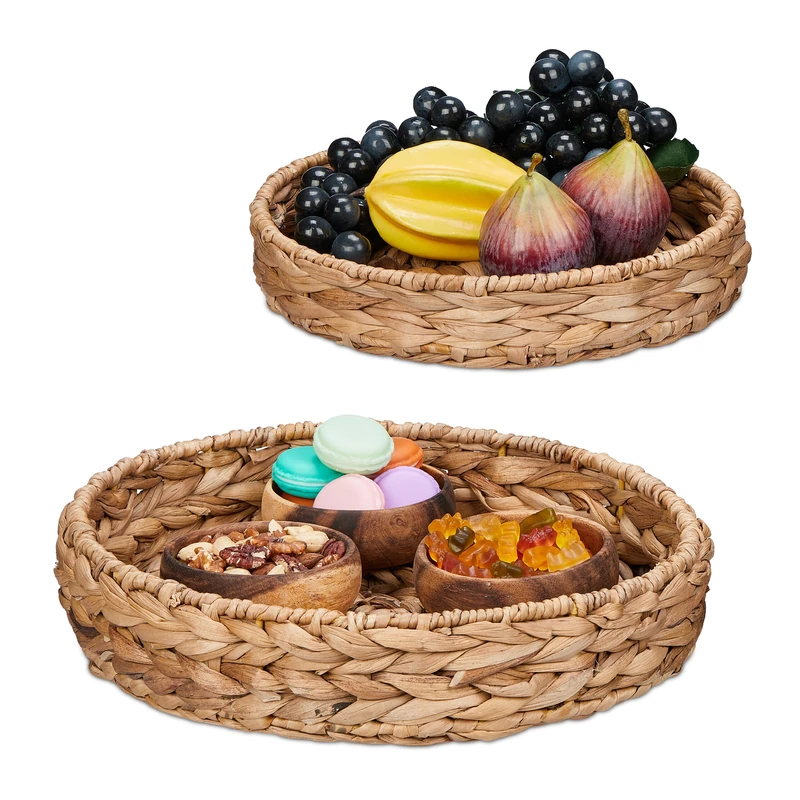 Relaxdays Tray, Set of 2, Round Serving Trays, Size Ø 32 & 25 cm, Decorative Organisers, Made of Water Hyacinth, Natural