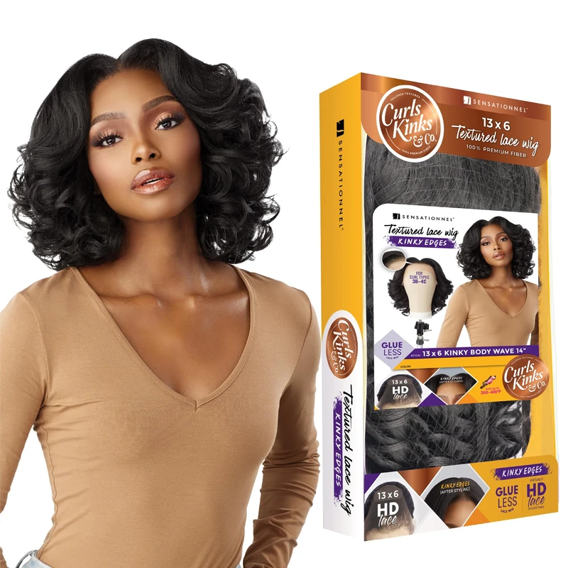 CKCO Kinky Edge Body Wave 14 Inch Lace Wigs - Sensationnel 13x6 Lace Wigs - Glueless Synthetic Wig - DarkBrown