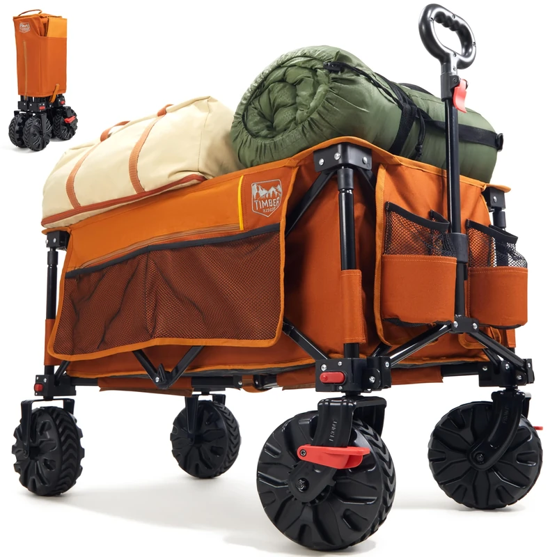 TIMBER RIDGE Festival Trolley on Wheels with Brakes, 200L Folding Camping Trolley Cart with Adjustable Handle & Cover Bag, 100kg Heavy Duty Cart Wagon for Outdoor Garden Picnic Beach