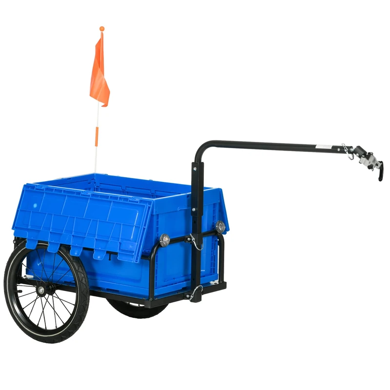 HOMCOM Bike Trailer, Bicycle Cargo Trailer Wagon Cart with 65L Foldable Storage Box, Pneumatic Tyres and Safe Reflectors, Max Load 40KG, Blue