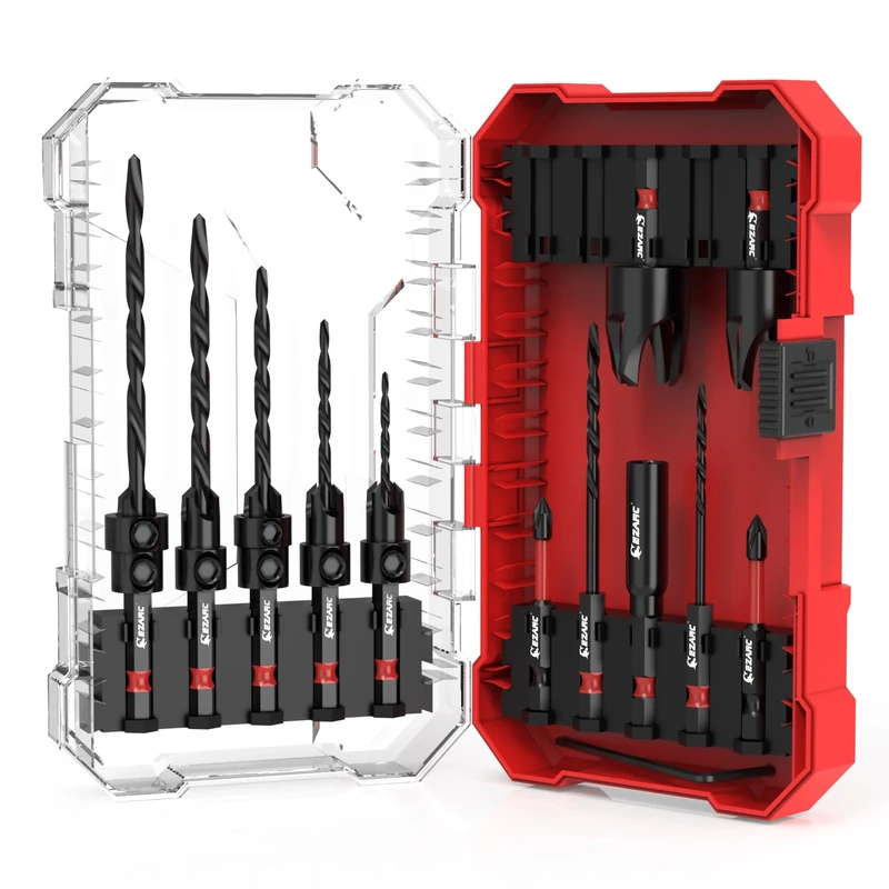 EZARC Countersink Drill Bit Set, 15 PCS Tapered Drill Bits Counter Sink Drill Bit with 2PCS Wood Plug Cutter 1/4" Hex Shank Quick Change for Woodworking with Storage Box