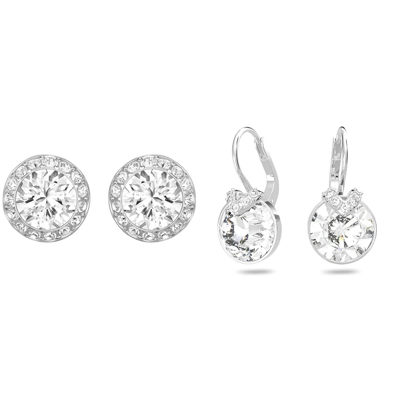 Swarovski Angelic stud earrings, Round cut, White, Rhodium plated & Bella Drop Pierced Earrings with Round White Swarovski Crystals and Matching Pavé