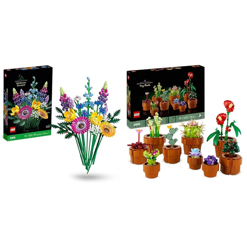 LEGO 10329 Icons Tiny Plants Set, Artificial Flowers in 9 Buildable Teracotta-Coloured Pots & 10313 Icons Wildflower Bouquet Set, Artificial Flowers with Poppies and Lavender