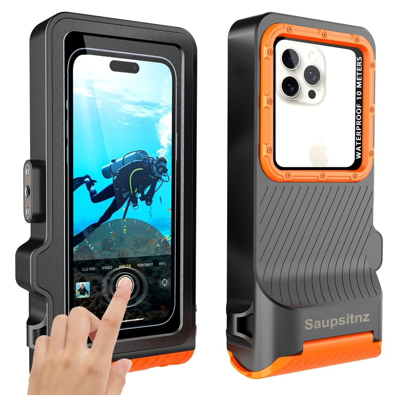 Waterproof Phone Case, Outdoor Diving, Snorkelling, Swimming, Surfing, Underwater Touch Screen Housing for iPhone 16 Pro Max, Samsung S25 Ultra, No More Than 6.9 Inches, Black/Orange,