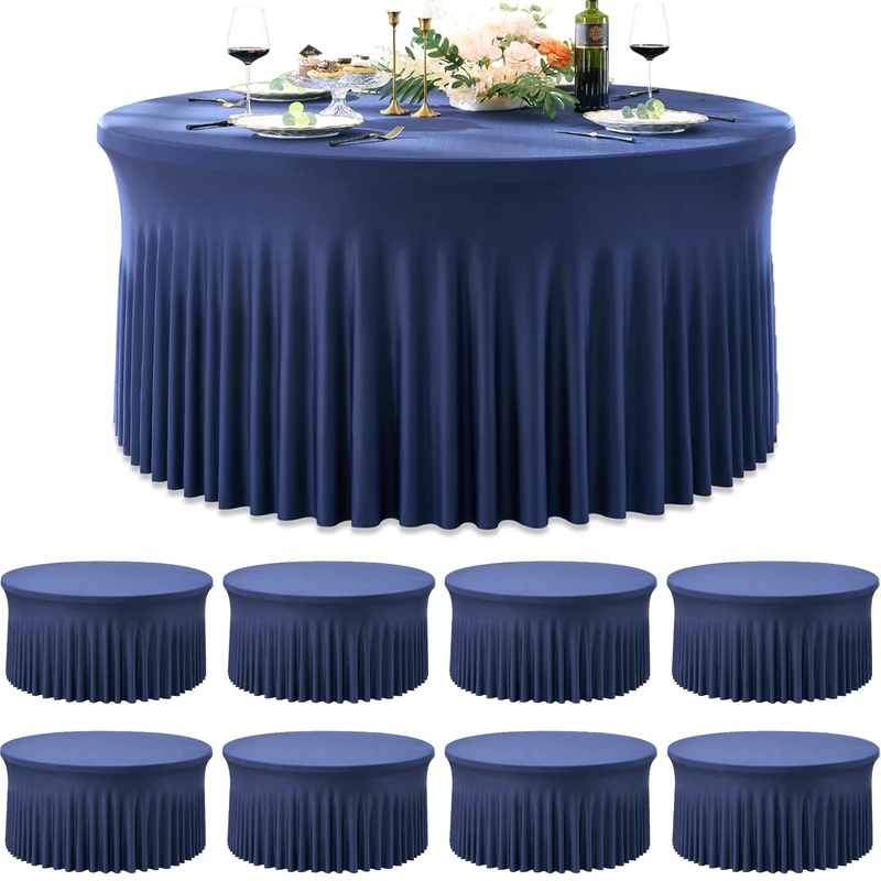 Htper 8 Pack Navy Blue Spandex Round Tablecloths for 72inch Table, Wrinkle Free 132in Stretchy Fitted 6ft Tablecloths, Round Table Clothes Covers with Skirt for Wedding Birthday Parties Banquet