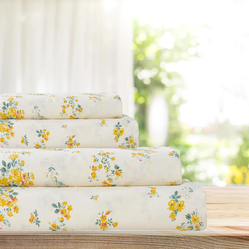 La Sheer 100% Cotton Percale Sheets for King Size Bed - 14 Inches Deep Pocket Perfect Fitting - Crispy Cool & Comfortable - Yellow Floral (4 Piece Bed Sheets)