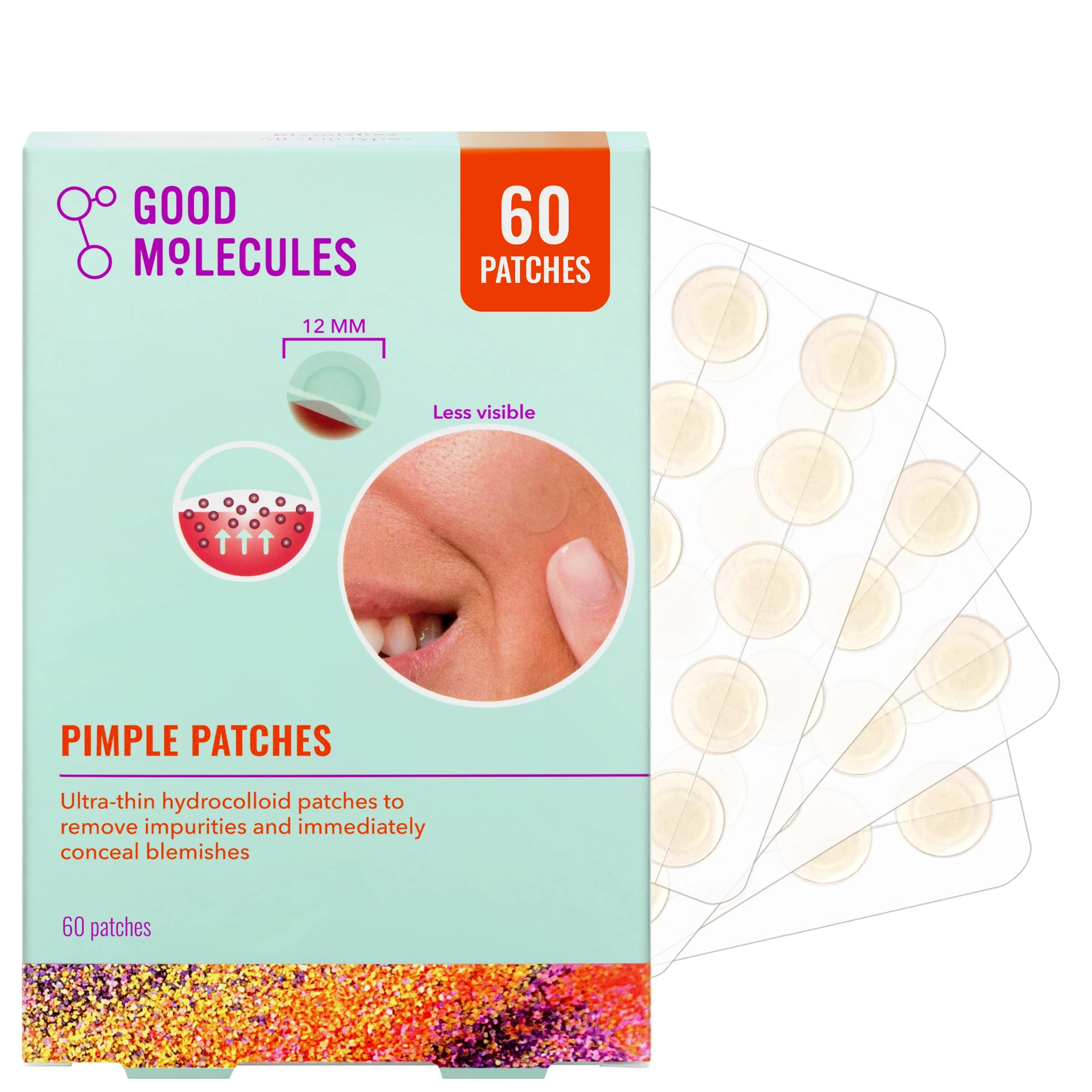 Good Molecules Pimple Patches - 60 Ultra-Thin Hydrocolloid Patches To Conceal Whiteheads, Blackheads And Blemishes, Target Acne And Impurities - Cellulose And Pectin Face Skin Care