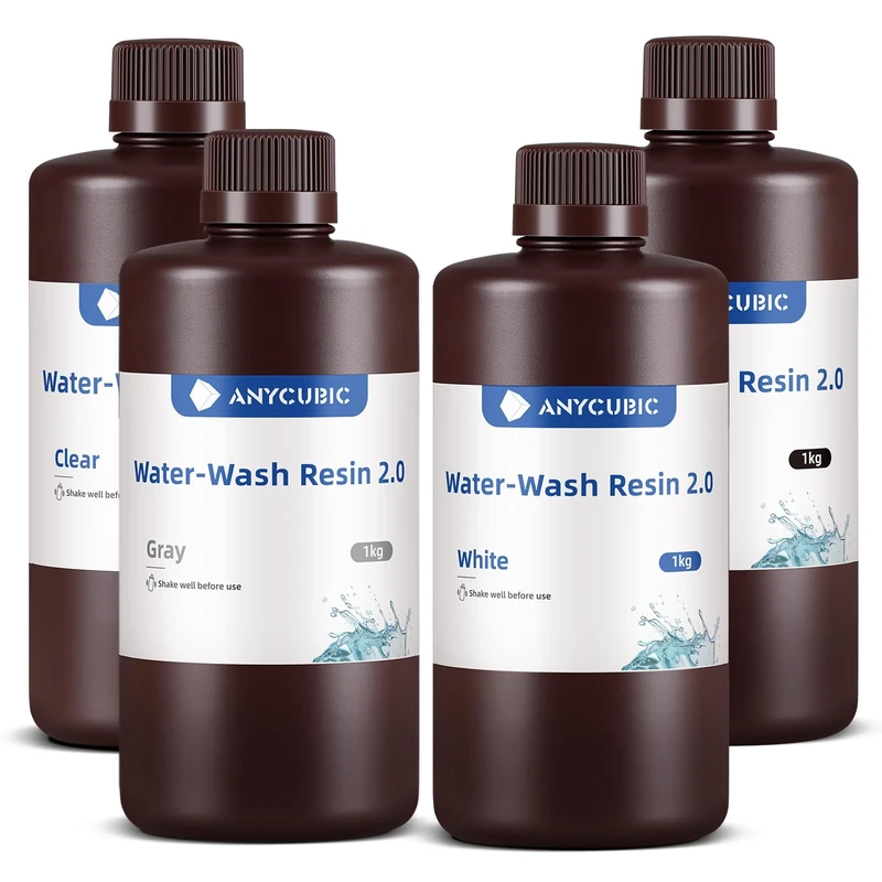 ANYCUBIC Water Washable 3D Printer Resin 2.0 with Easy Post-Processing, High Precision and High Resilience, Low Odor and Anti-Yellowing 3D Resin for LCD/DLP Printers(Grey+White+Black+Clear,4kg)
