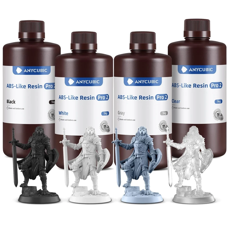 ANYCUBIC ABS-Like Resin Pro 2, Enhanced Strength Resin with Minimal Shrinkage - Compatible with Most 3D Printers (Grey+White+Black+Clear, 4kg)