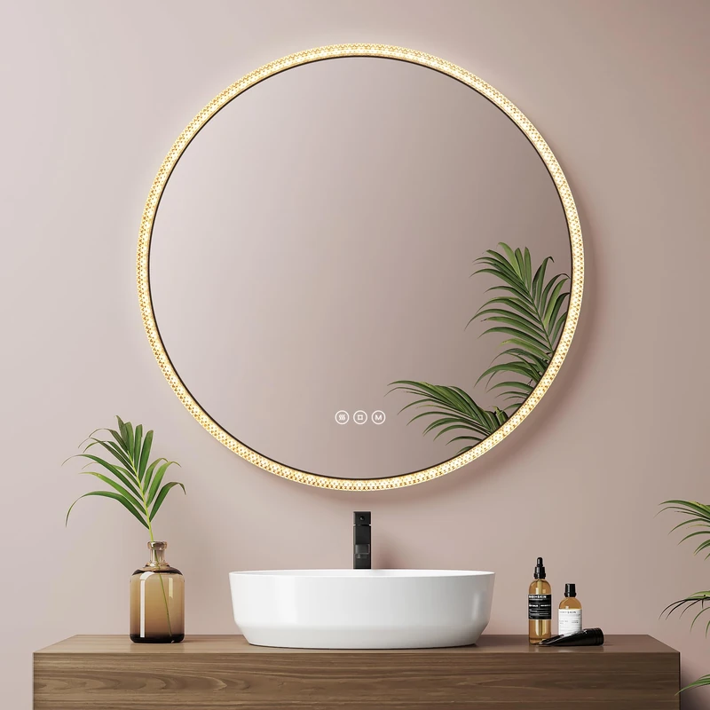 EMKE Bathroom Mirror with Light Round 60 cm, Round LED Mirror with Touch Switch, Anti-Fog and Memory Function, Round Bathroom Mirror with Adjustable Tricolour Light (Black)