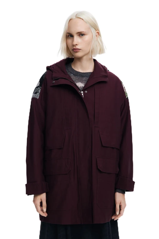 Desigual CHAQ_MILAN 3157 PLUM Red Hooded Coat - Size L