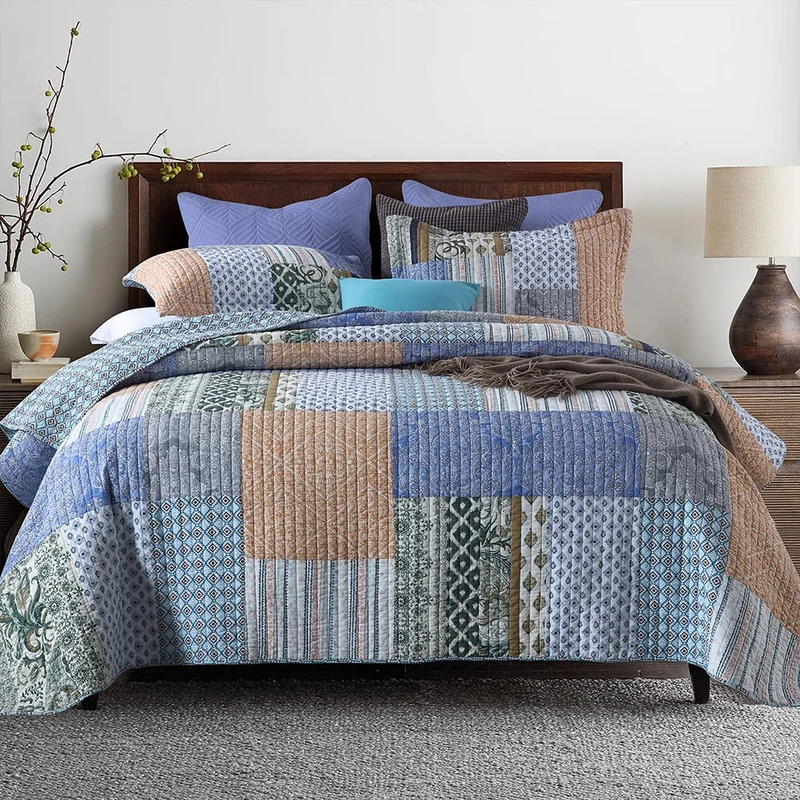 Autumn Dream Cotton Bedspread Bohemian Blue Bedding Quilt, King Size