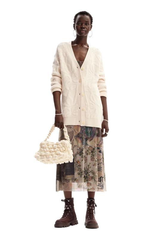 Desigual Women's Woman Flat Knit Thick Gauge Jacket Sweater White