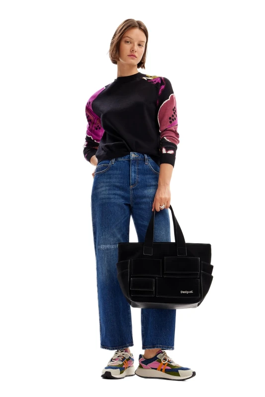 Desigual Women's Woman Flat Knit Thin Gauge Pullover Sweater Black