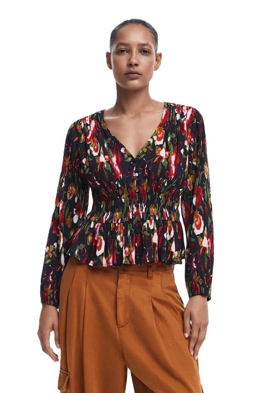 Desigual Long-Sleeve Blouse with Button Closure and Floral Print 24WWBW09 Black