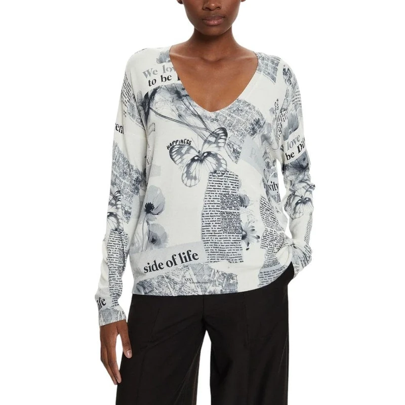Desigual Women's Woman Flat Knit Thin Gauge Pullover Sweater, White, M