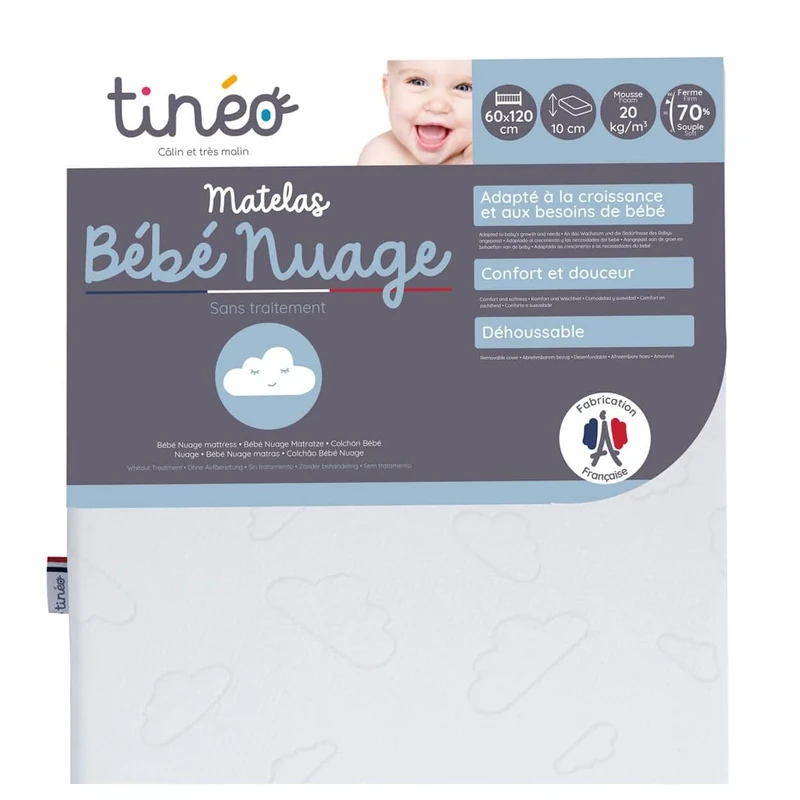 Tinéo - Baby mattress 60 x 120 x 10 cm - Adapted to the growth and needs of babies - Firm - Density 20 kg/m³ - Polyester - Removable cover - Made in France