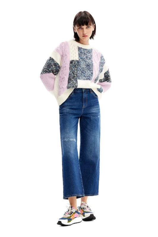 Desigual Women's Woman Flat Knit Thick Gauge Pullover Sweater White