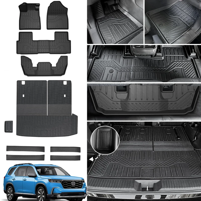 JOULARISE Floor Mats Trunk Mat with Backrest Mat Door Sill Guards for 2023 2024 Honda Pilot Accessories(Include Trunk Left Storage Tray), All Weather TPE Cargo Liner for Honda Pilot 2024 Accessories
