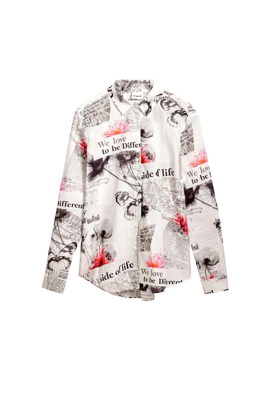 Desigual Women's Camisa Texto Flores, White, XL