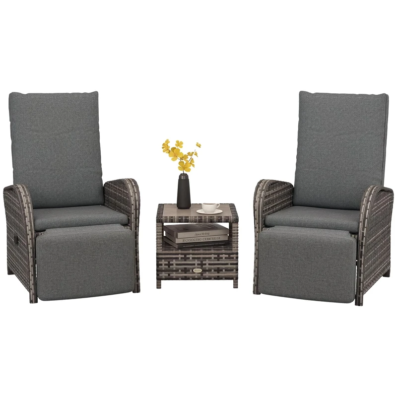 Outsunny 3 Pieces Rattan Bistro Set, Wicker Balcony Furniture Set with Reclining Sun Loungers, 2-Tier Coffee Table and Cushions, 2 Seater Garden Furniture for Outdoor Patio Balcony, Brown