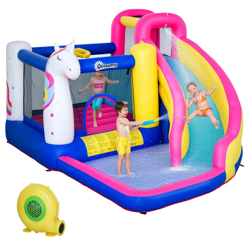 Outsunny Bouncy Castle for Children, 5 in 1 Inflatable Bounce House Unicorn Design with Blower, Slide, Climbing Wall, Basketball Hoop, for Ages 3-8 Years - Image 1
