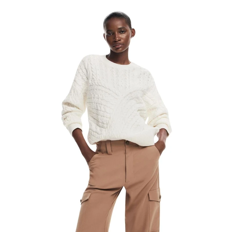 Desigual Women's Woman Flat Knit Thin Gauge Pullover Sweater, White, X-Small