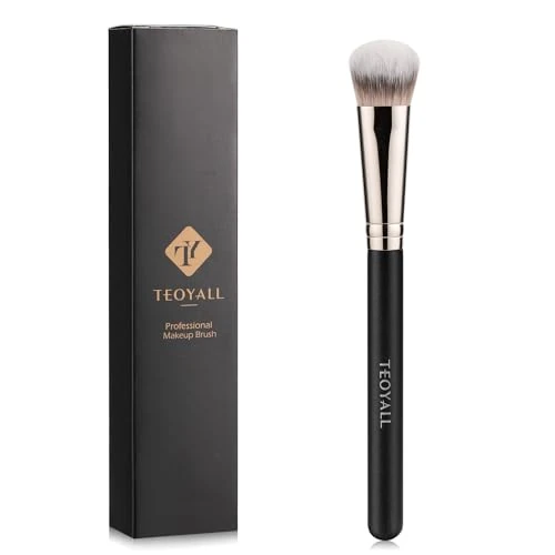 TEOYALL Flat Angled Concealer Bronzer Brush, Medium Synthetic Bristles Flawless Coverage Multitask Brush with Liquid Cream Powder, Black