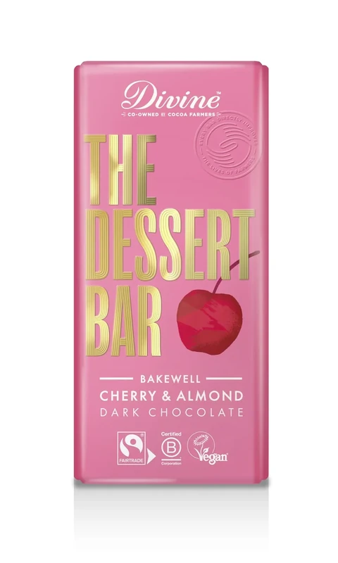 Divine Dessert Bar 60% Dark Chocolate Bakewell with Cherry & Almond 180g – Fairtrade Dark Chocolate – Inspired by Classic Cherry Bakewell – Ethical Premium Chocolate
