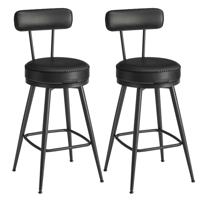 VASAGLE EKHO Collection - 360?Swivel Bar Stools Set of 2, Counter Chairs with Backs, Synthetic Leather with Stitching, Mid-Century Modern, 65 cm Tall, Kitchen Home Bar, Ink Black