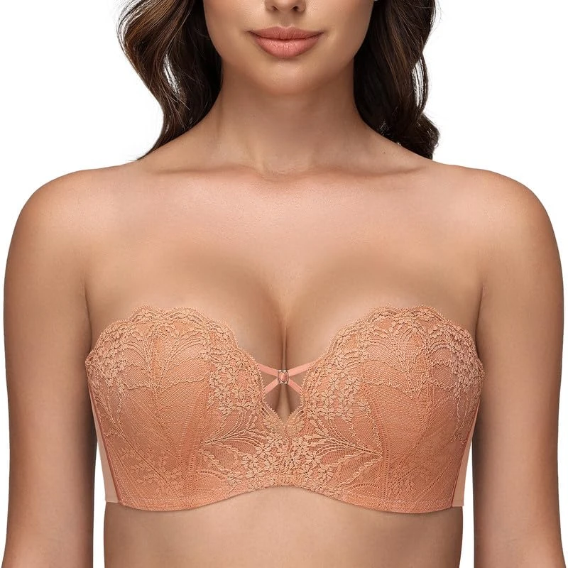 WingsLove Women's Strapless Bra Lace Push Up Deep Plunge Multiway Underwire Padded Full Coverage Support Soft Cup Bra Orange Brown