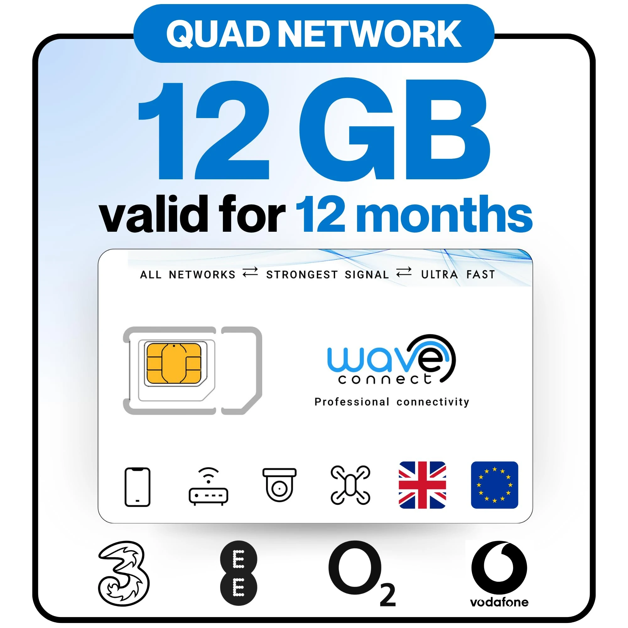 Wave Connect Quad Network Data Only SIM Card, Three, EE, O2, Vodafone, 4G LTE + 5G Prepaid, Activates On First Use, Includes UK, Ireland, EU, For Unlocked IoT Devices, Cameras (12GB | 12 Months)
